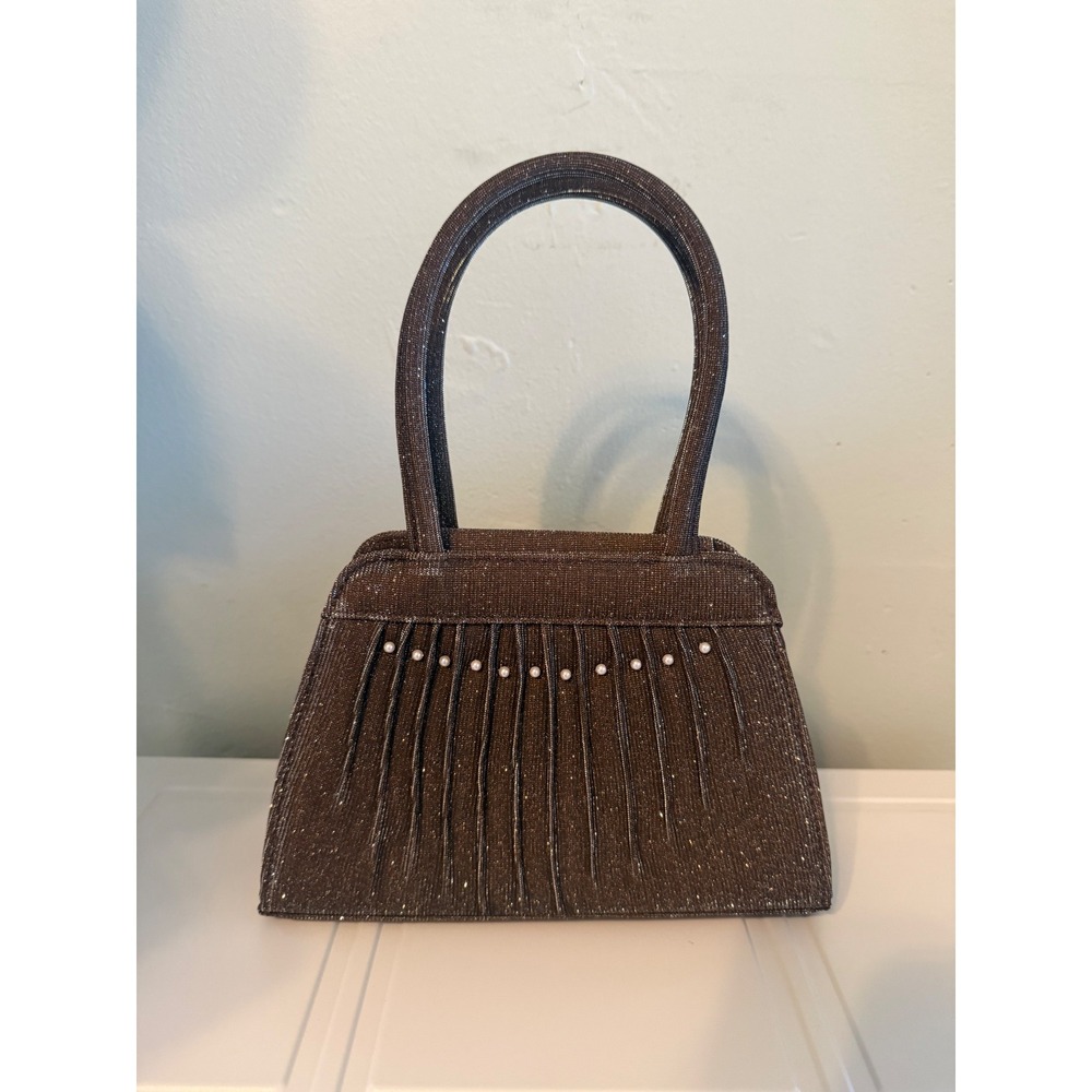Retro y2k Brown Shimmer Pleated Faux Pearl Top Handle Evening Bag boho whimsi da